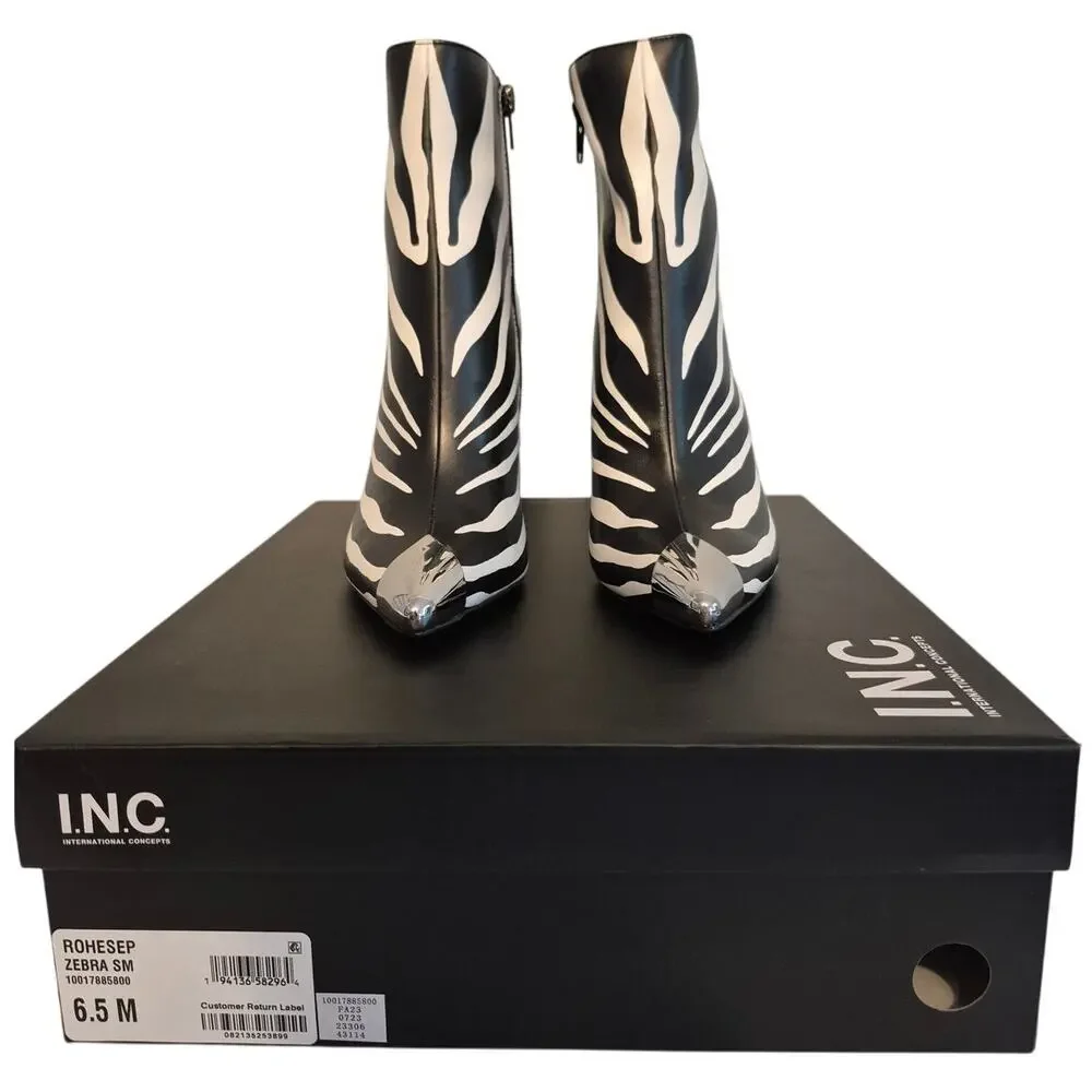 INC Womens Zebra Black Booties US 6.5 Rohese Pointed Toe Flare Zip-Up Boots